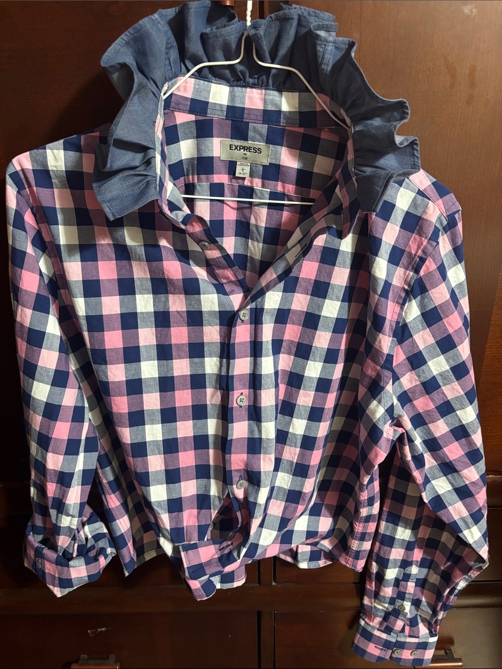 Upcycled/Reloved Express Pink Navy White Gingham Ruffle-Collar Button-Up